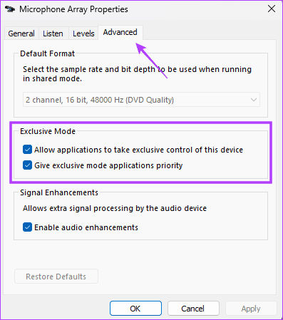Exclusive-mode-options أفضل 6 إصلاحات لقيام Discord بالتقاط صوت اللعبة في Windows 11