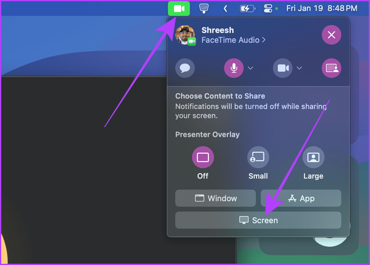 FaceTime-Share-Screen-Options-Menu-Bar-Mac كيفية مشاركة شاشتك في FaceTime على iPhone وiPad وMac