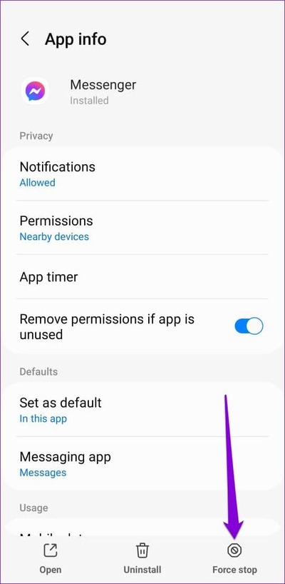 Force-Stop-Facebook-Messenger-on-Android-2 أفضل 7 إصلاحات لخطأ المرفق غير متاح في Facebook Messenger