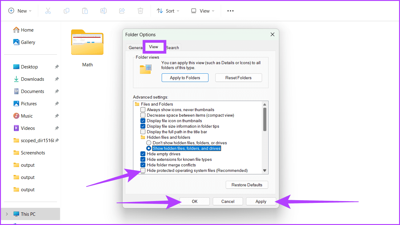 Go-to-View-tab-uncheck-the-box-next-to-Hide-protected-operating-system-files-select-Apply-and-click-OK كيفية إظهار الملفات والمجلدات المخفية في Windows 11