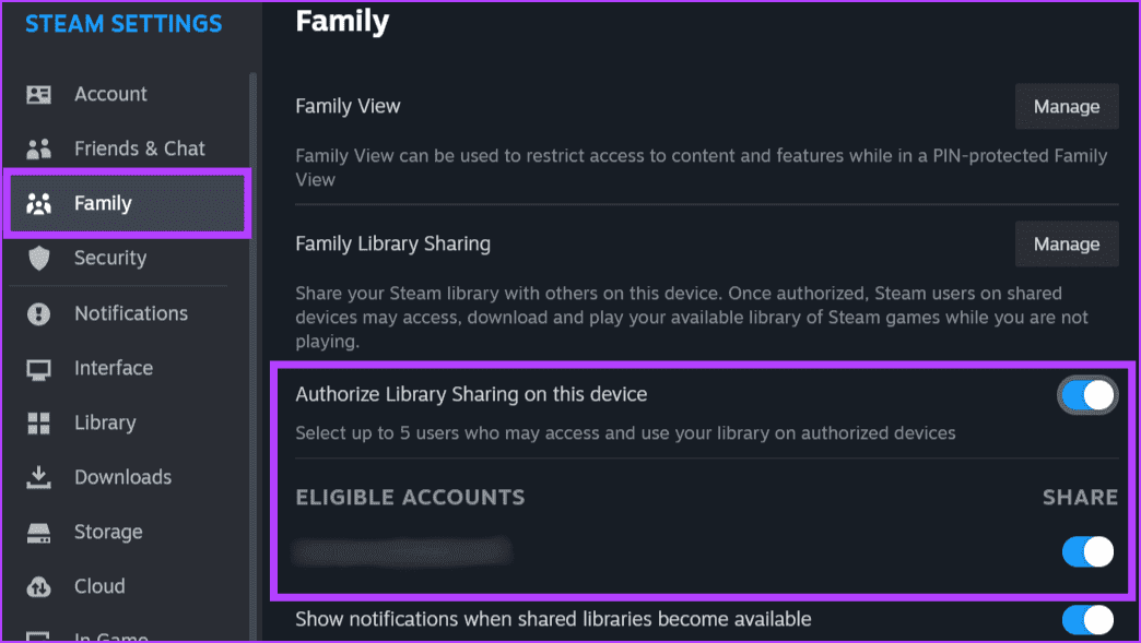 Go-to-the-Family-tab-enable-Authorize-Library-Sharing-on-this-device-and-toggle-on-the-switch-next-your-friend-name- كيفية مشاركة الألعاب على Steam مع الأصدقاء والعائلة