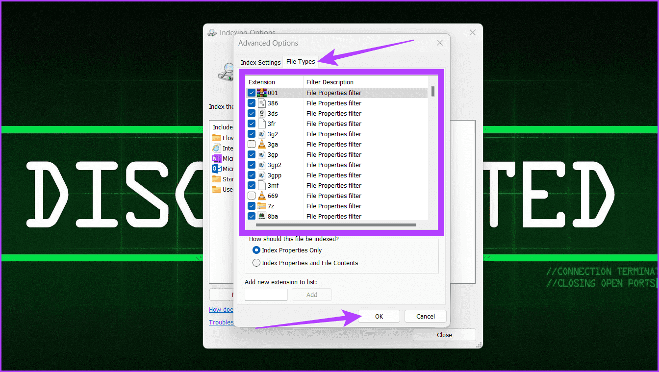 Go-to-the-File-Types-tab-uncheck-the-box-next-to-the-file-you-want-to-hide-and-click-OK كيفية إخفاء الملفات والمجلدات في Windows 11