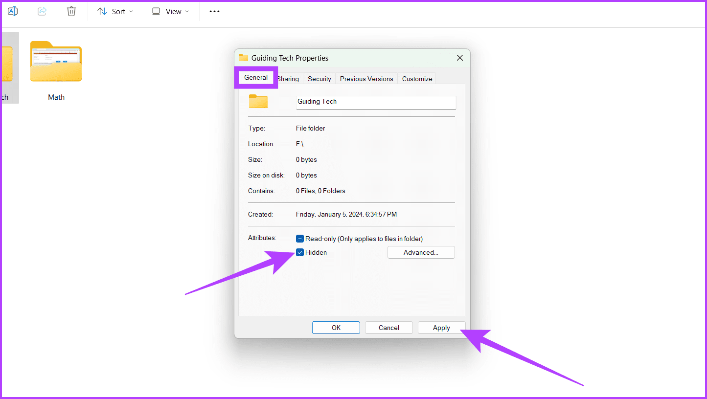 Head-to-General-tab-check-the-box-next-to-Hidden-and-click-Apply كيفية إخفاء الملفات والمجلدات في Windows 11