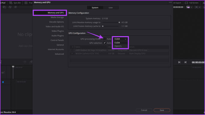Head-to-Memory-and-GPU-uncheck-the-box-next-to-GPU-Processing-mode-from-the-dropdown-next-to-it-choose-one-option-and-click-Save-682x385-1 كيفية إصلاح DaVinci Resolve "وضع معالجة GPU غير المدعوم" على Windows في عام 2023