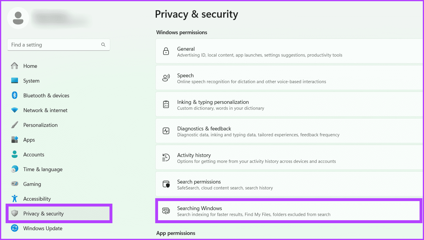 Head-to-Privacy-Security-tab-and-click-Searching-Windows كيفية إخفاء الملفات والمجلدات في Windows 11