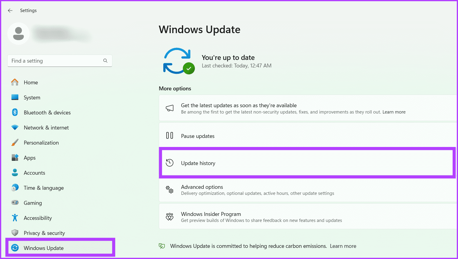 Head-to-Windows-Update-and-choose-Update-history 8 طرق لإصلاح خطأ التثبيت 0x80070103 على Windows 11