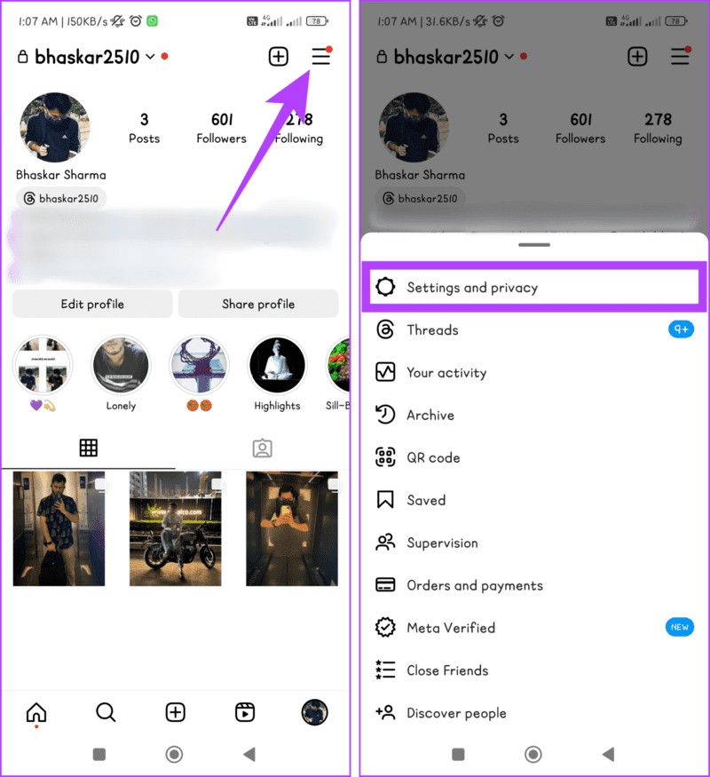 Head-to-profile-tab-press-hamburger-menu-and-choose-Settings-and-Privacy-1405x1536-1 7 إصلاحات لمشكلة "لا يمكن الاتصال بالحسابات المعطلة" على Instagram