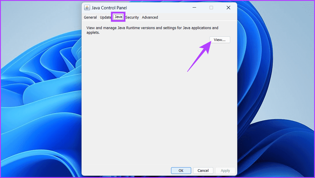 Head-to-the-Java-tab-and-click-the-View-button 7 طرق لإصلاح خطأ Java Virtual Machine Launcher على Windows