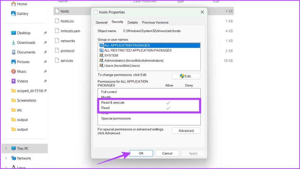 Head-to-the-Security-tab-and-ensure-that-both-Read-execute-and-Read-are-checked-then-click-OK-1024x578-1 8 طرق لإصلاح عدم عمل ملف المضيفين على Windows
