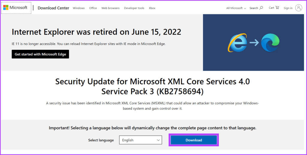 Launch-a-web-browser-head-to-the-Microsoft-website-and-download-the-MSXML-4.0-SP3-file-1024x517-1 10 طرق لإصلاح أخطاء msxml4.dll غير الموجودة أو المفقودة على Windows