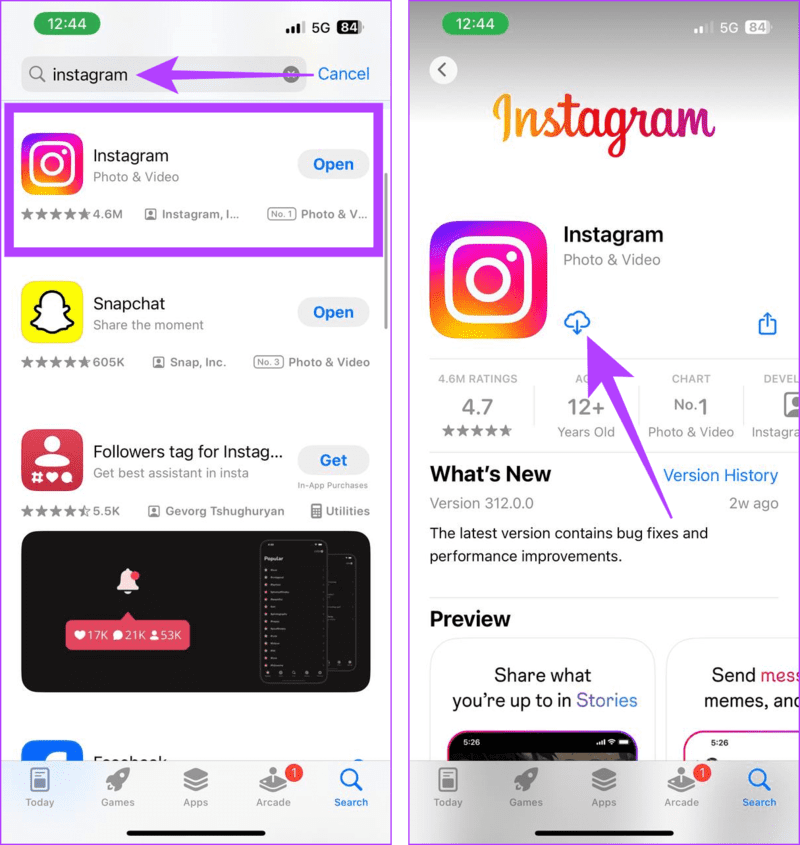 Launch-the-App-Store-search-for-Instagram-and-tap-the-download-icon 7 إصلاحات لمشكلة "لا يمكن الاتصال بالحسابات المعطلة" على Instagram