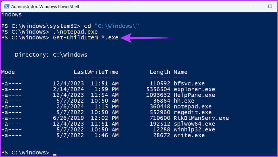 Locate-EXE-files-using-Get-ChildItem-command 5 طرق لتشغيل الملفات التنفيذية (EXE) من PowerShell