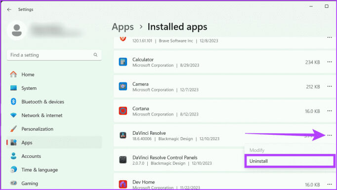 Locate-the-DaVinci-Resolve-software-click-the-three-dots-icon-and-choose-Uninstall-682x385-1 كيفية إصلاح DaVinci Resolve "وضع معالجة GPU غير المدعوم" على Windows في عام 2023