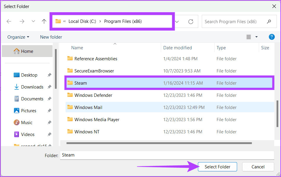 Locate-the-Steam-folder-select-it-and-press-the-Select-Folder-button 10 طرق لإصلاح عدم عمل مشاركة العائلة لـ Steam على Windows 11