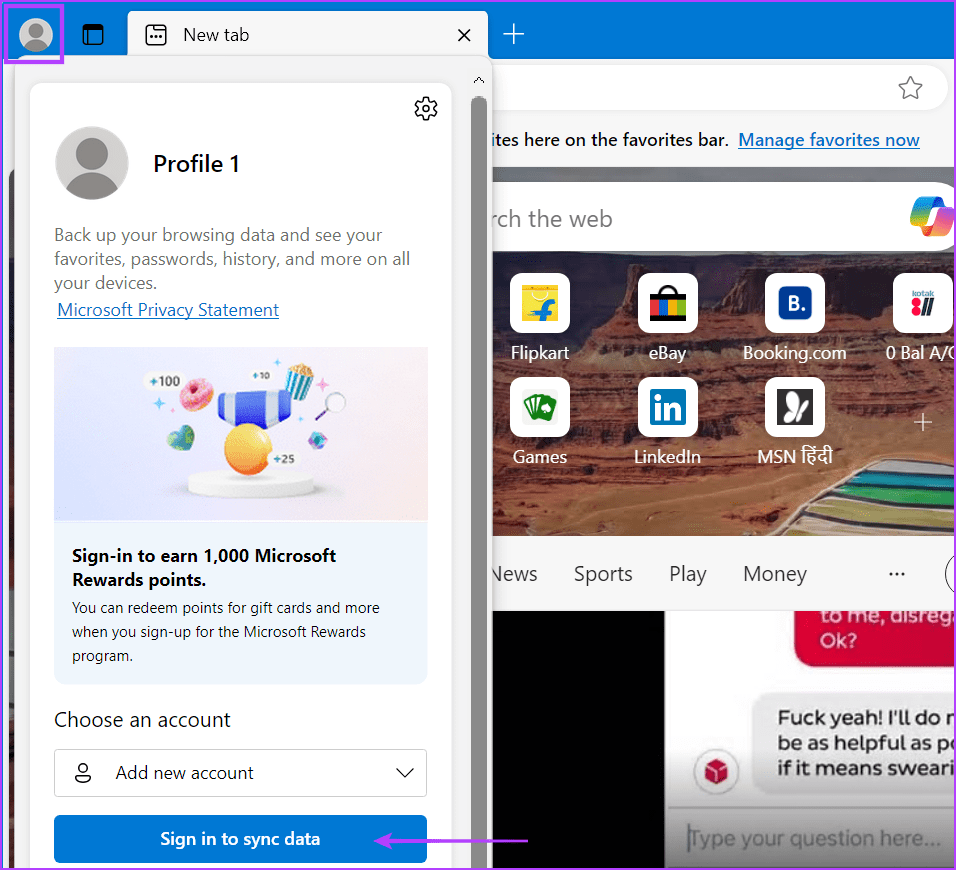 Login-to-Edge-With-a-Microsoft-Account أفضل 8 إصلاحات لخطأ "إعدادات الشبكة تمنع الوصول" في Bing AI