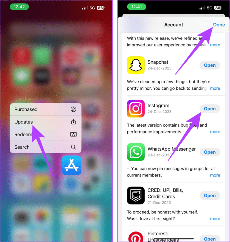 Long-press-the-App-Store-icon-and-tap-Updates- 7 إصلاحات لمشكلة "لا يمكن الاتصال بالحسابات المعطلة" على Instagram
