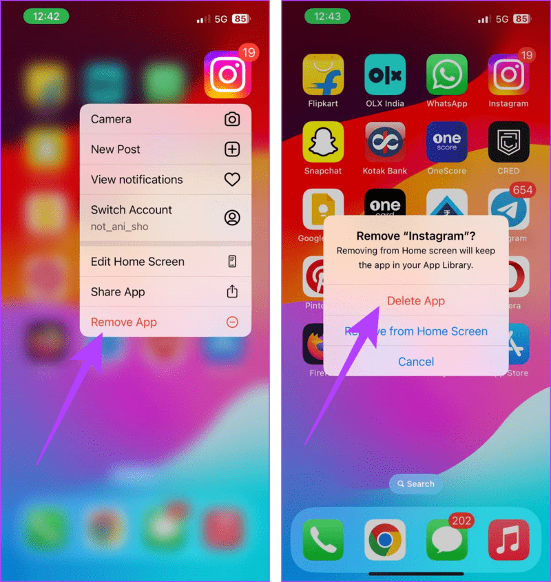 Long-press-the-Instagram-app-tap-Remove-App-and-select-Delete-App 7 إصلاحات لمشكلة "لا يمكن الاتصال بالحسابات المعطلة" على Instagram