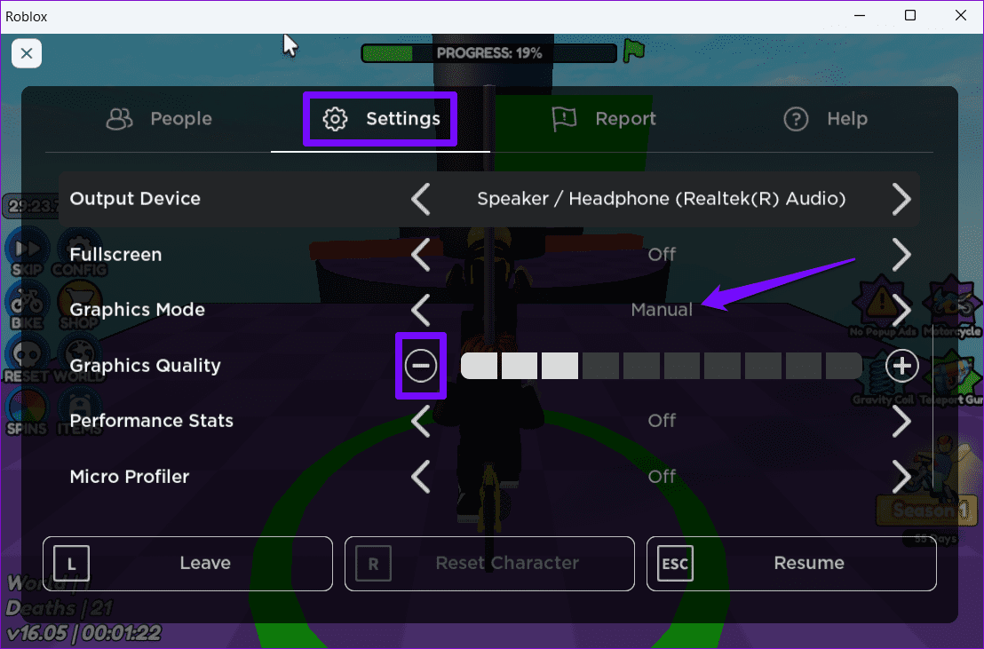 Lower-In-Game-Graphics-in-Roblox أفضل 7 إصلاحات لمشكلة الشاشة السوداء في Roblox