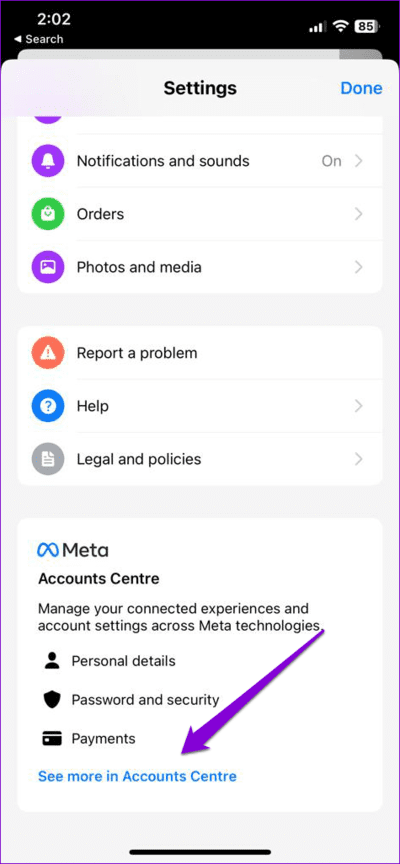 Meta-Account-Center-Settings أفضل 7 إصلاحات لعدم فتح الروابط في Facebook Messenger على Android وiPhone