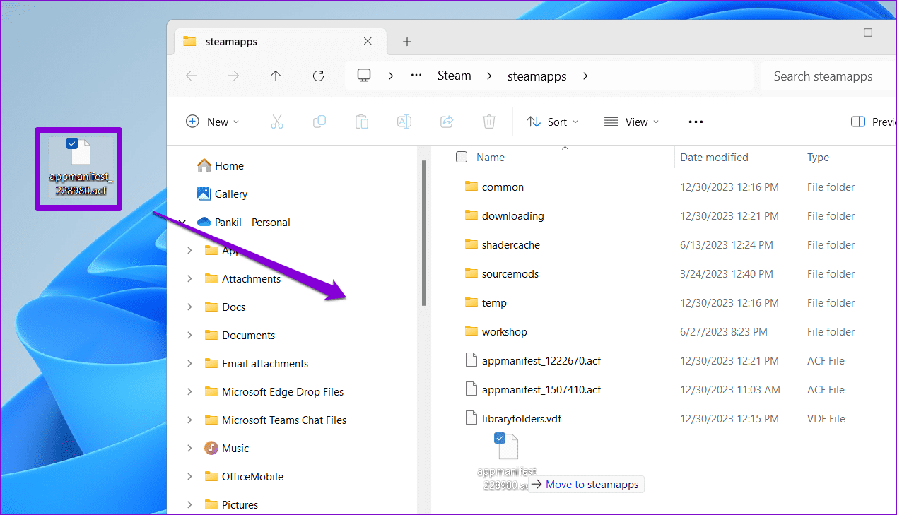 Move-ACF-File-to-Steamapps-Folder أفضل 6 إصلاحات لعدم عرض للألعاب المثبتة في المكتبة على Steam في Windows