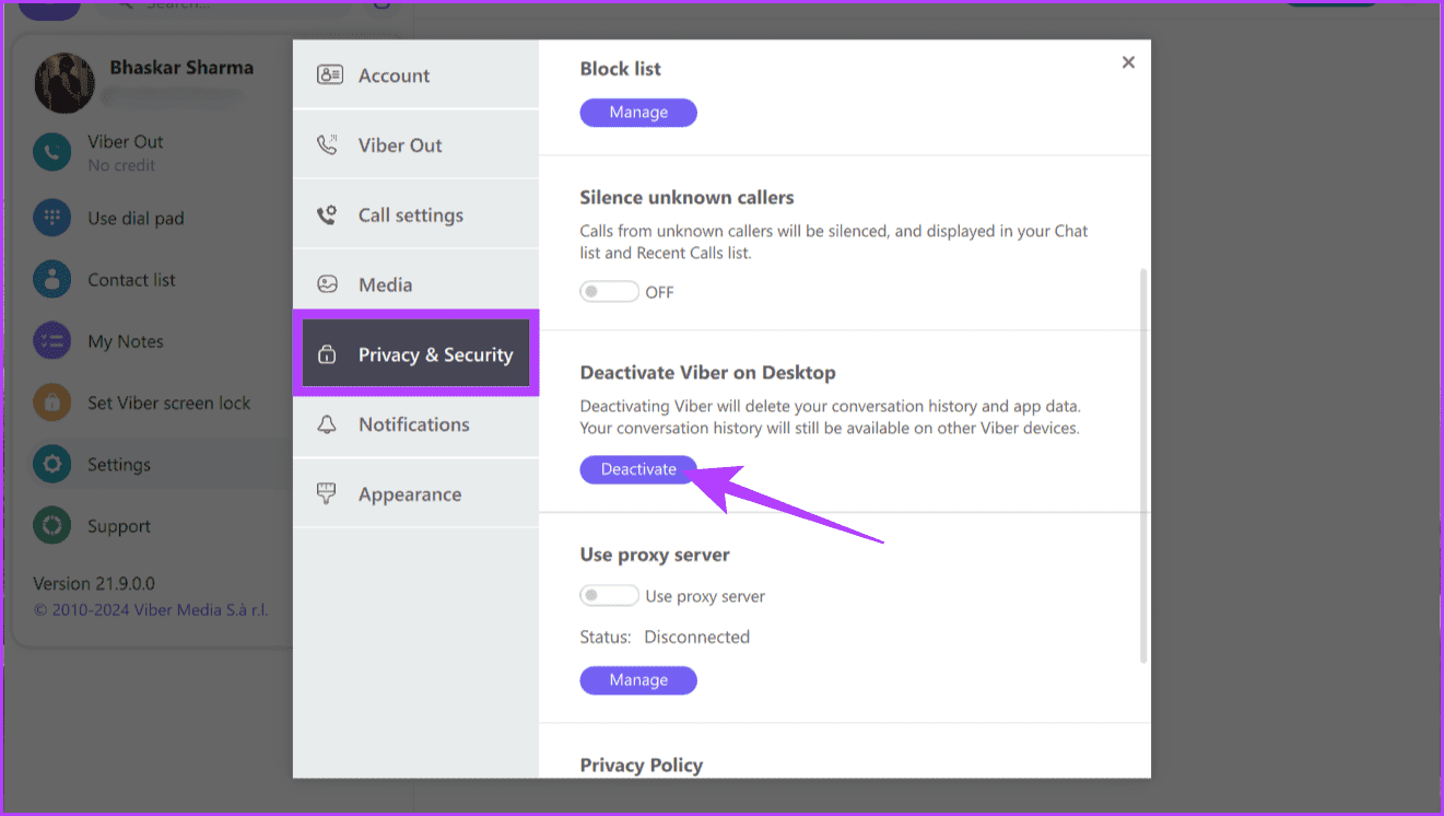 Navigate-to-Privacy-Security-and-click-the-Deactivate-button كيفية إلغاء تنشيط أو حذف حساب Viber