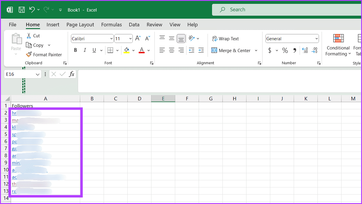 Open-Excel-and-paste-the-followers-usernames 3 طرق لمعرفة من توقف عن متابعتك على Instagram (مع/بدون تطبيق)