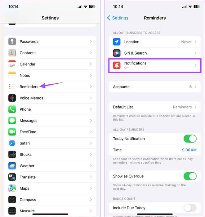 Open-Reminders-app-settings 9 طرق لإصلاح عدم عمل تذكيرات iPhone في iOS 17