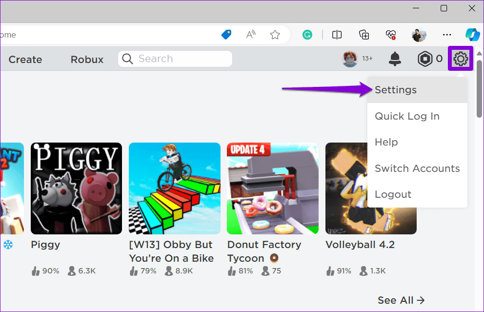 Open-Settings-on-Roblox-for-Web أفضل 7 إصلاحات لعدم القدرة على شراء أي شيء على Roblox