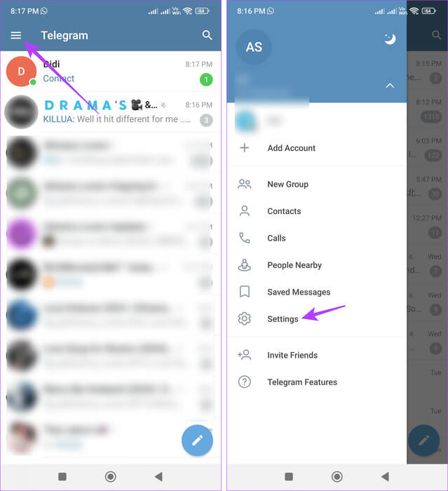 Open-Telegram-settings كيفية العثور على رقم هاتف شخص ما على Telegram