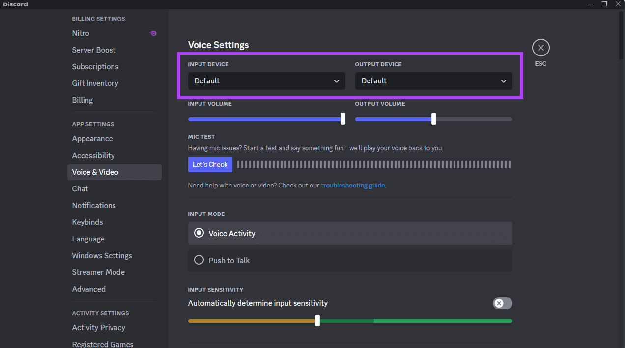 Outpu-and-input-defaults أفضل 6 إصلاحات لقيام Discord بالتقاط صوت اللعبة في Windows 11