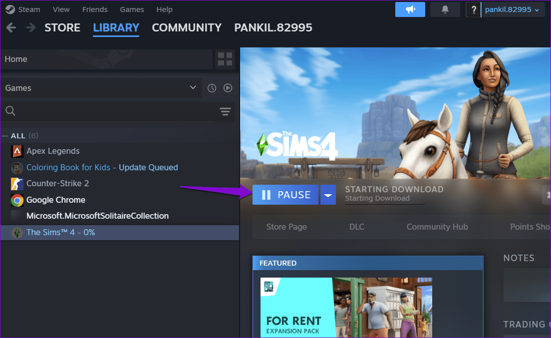 Pause-Game-Download-in-Steam أفضل 6 إصلاحات لعدم عرض للألعاب المثبتة في المكتبة على Steam في Windows