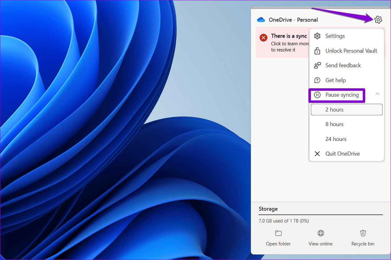 Pause-OneDrive-Sync-on-Windows أفضل 6 إصلاحات لإنشاء ملفات ومجلدات مكررة في OneDrive على Windows