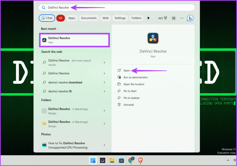 Press-Windows-S-type-DaVinci-Resolve-and-select-Open-768x540-1 كيفية إصلاح DaVinci Resolve "وضع معالجة GPU غير المدعوم" على Windows في عام 2023