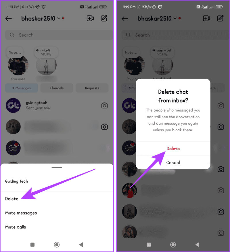 Press-and-hold-on-to-the-chat-select-Delete-and-confirm-by-tapping-Delete-1405x1536-1 7 إصلاحات لمشكلة "لا يمكن الاتصال بالحسابات المعطلة" على Instagram