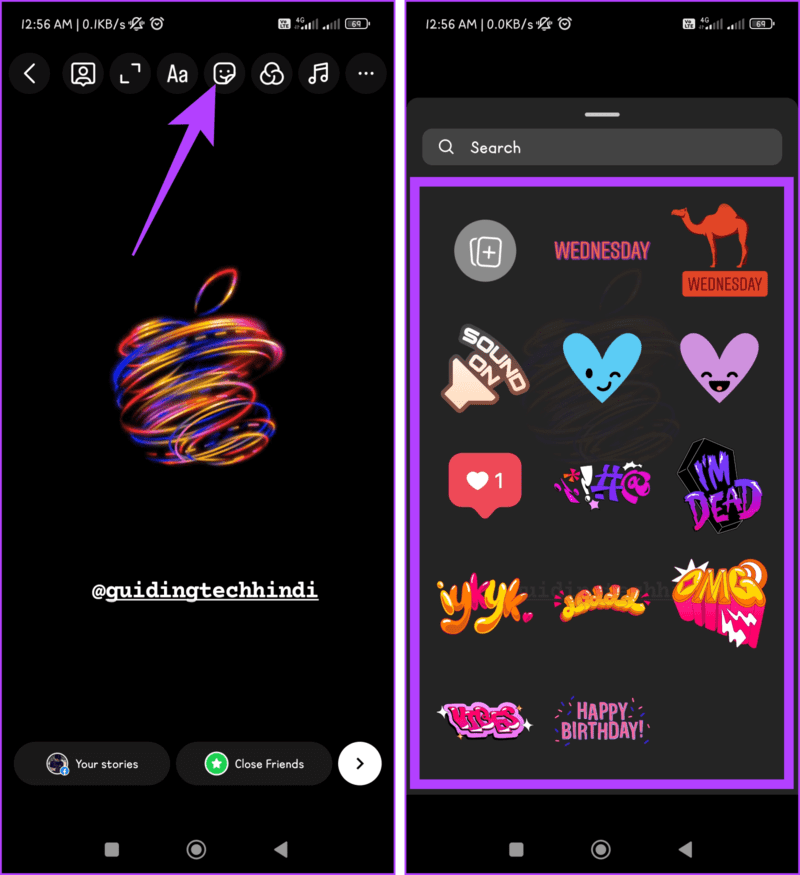 Press-the-Stickers-icon-and-choose-a-sticker-1405x1536-1 كيفية وضع علامة/إشارة إلى شخص ما في قصة Instagram دون ظهوره