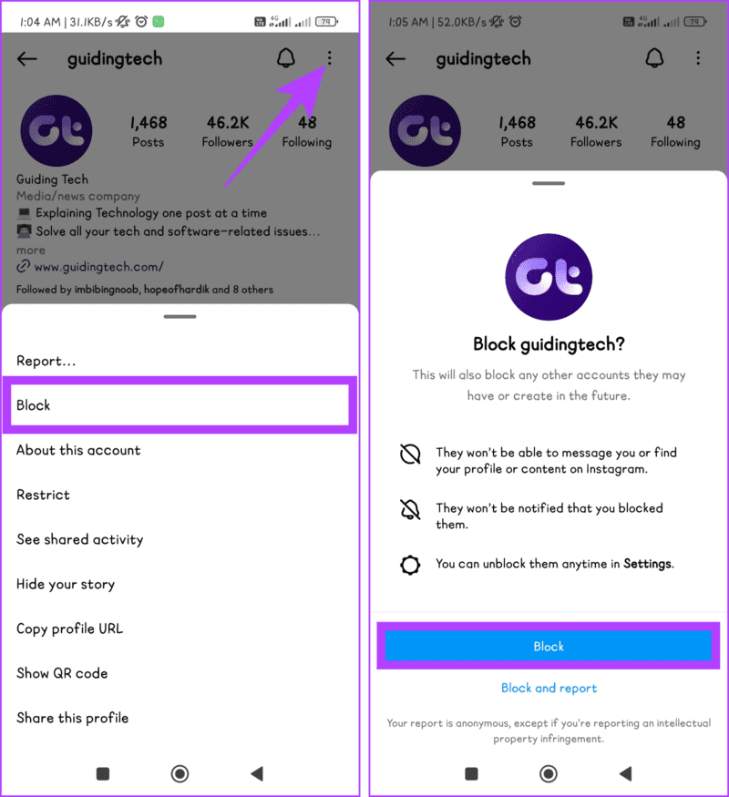 Press-the-three-dot-icon-hit-Block-confirm-by-tapping-Block-again-1405x1536-1 7 إصلاحات لمشكلة "لا يمكن الاتصال بالحسابات المعطلة" على Instagram
