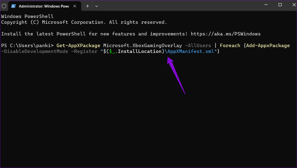 Reinstall-Game-Bar-Using-PowerShell أفضل 6 إصلاحات لخطأ "ميزات الألعاب غير متوفرة لسطح مكتب Windows".
