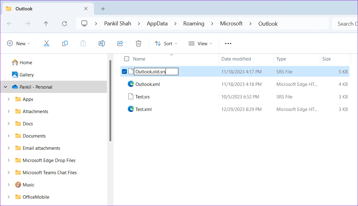 Rename-Outlook-SRS-File أفضل 6 إصلاحات لظهور خطأ لم يتم تنفيذه في Microsoft Outlook على Windows
