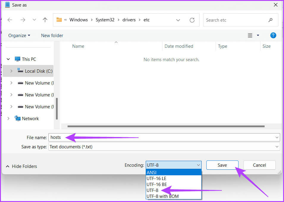 Rename-the-file-to-hosts-ensure-that-the-Encoding-is-UTF-8-and-click-Save 8 طرق لإصلاح عدم عمل ملف المضيفين على Windows
