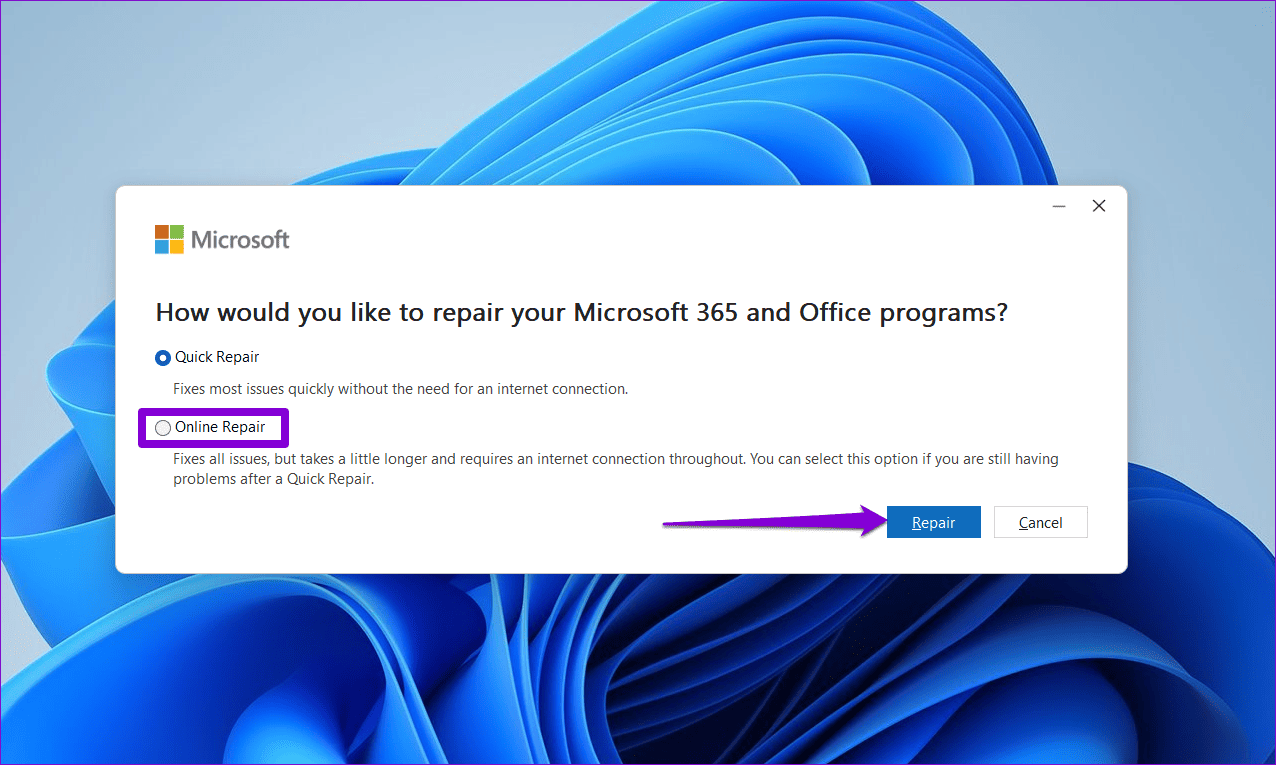 Repair-Office-Apps-1-2 أفضل 5 طرق لإصلاح توقف Microsoft Outlook عند تحديث البريد الوارد على Windows