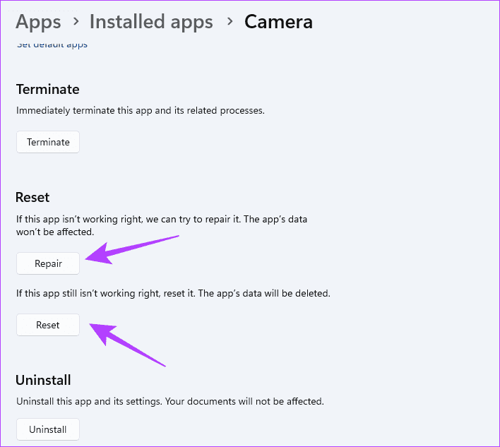 Repair-and-reset-app أفضل 9 إصلاحات لخطأ "لا يمكننا العثور على الكاميرا" في Windows 11