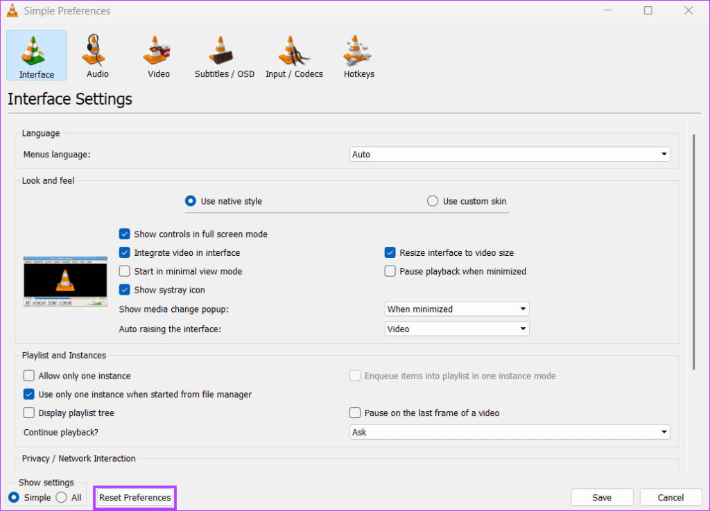 Reset-All-Preferences-in-vlc-1024x737-1 أفضل 7 إصلاحات لعدم تشغيل VLC لملفات MKV في Windows 11