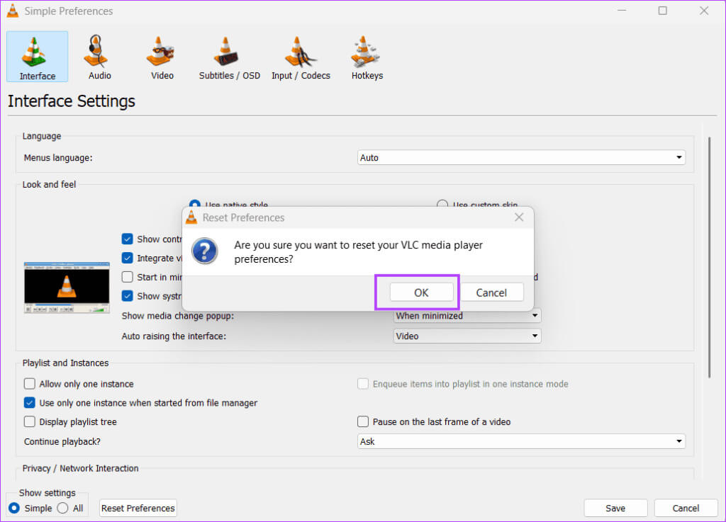 Reset-All-Preferences-in-vlc-2-1024x737-1 أفضل 7 إصلاحات لعدم تشغيل VLC لملفات MKV في Windows 11