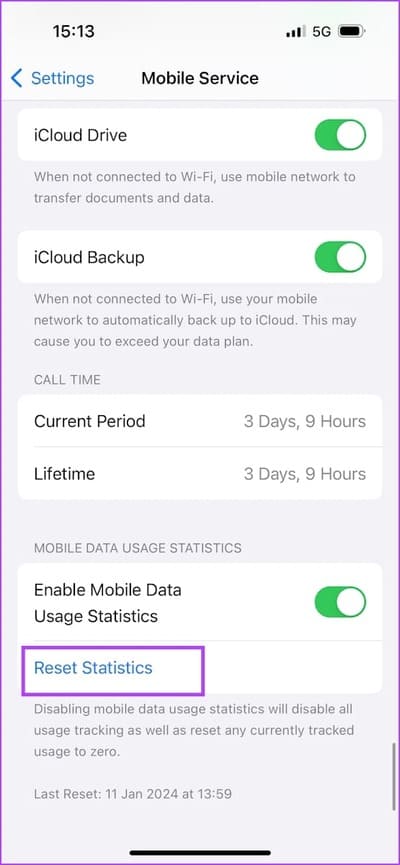 Reset-Statistics كيفية التحقق من استخدام البيانات شهريًا أو يوميًا على iPhone