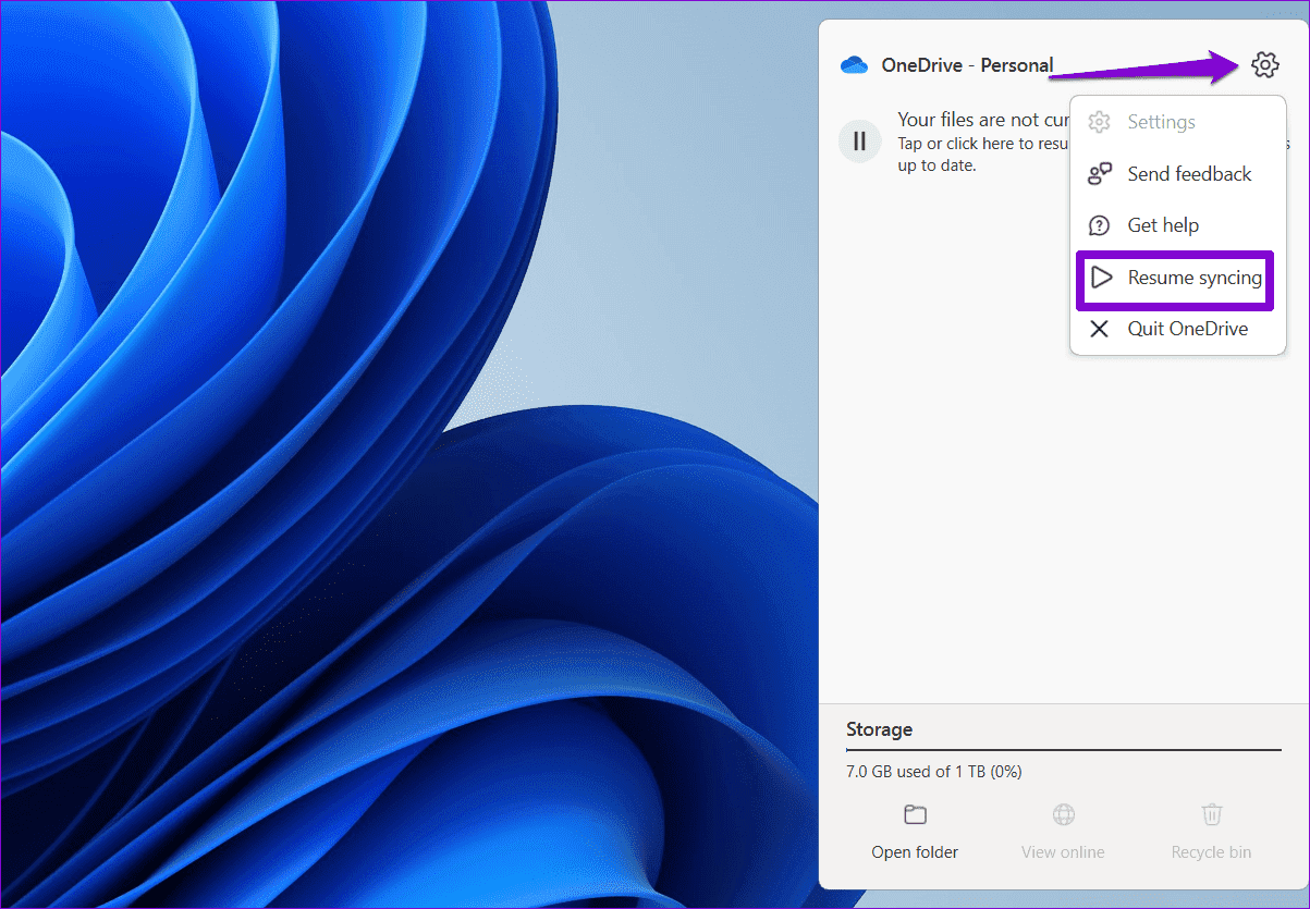 Resume-OneDrive-Sync-on-Windows أفضل 6 إصلاحات لإنشاء ملفات ومجلدات مكررة في OneDrive على Windows