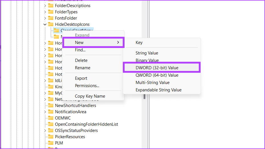 Right-click-ClasicStartMenu-choose-New-and-select-DWORD-32-bit-Value كيفية إخفاء أو حذف أيقونة سلة المحذوفات في Windows 11