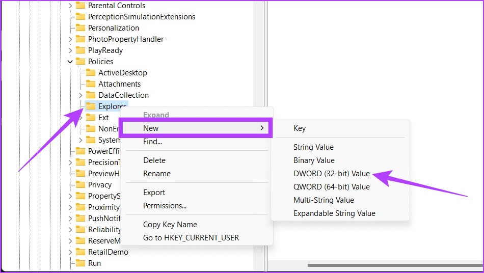 Right-click-on-Explore-folder-select-New-and-choose-the-DWORD-32-bit-Value كيفية إخفاء الملفات والمجلدات في Windows 11