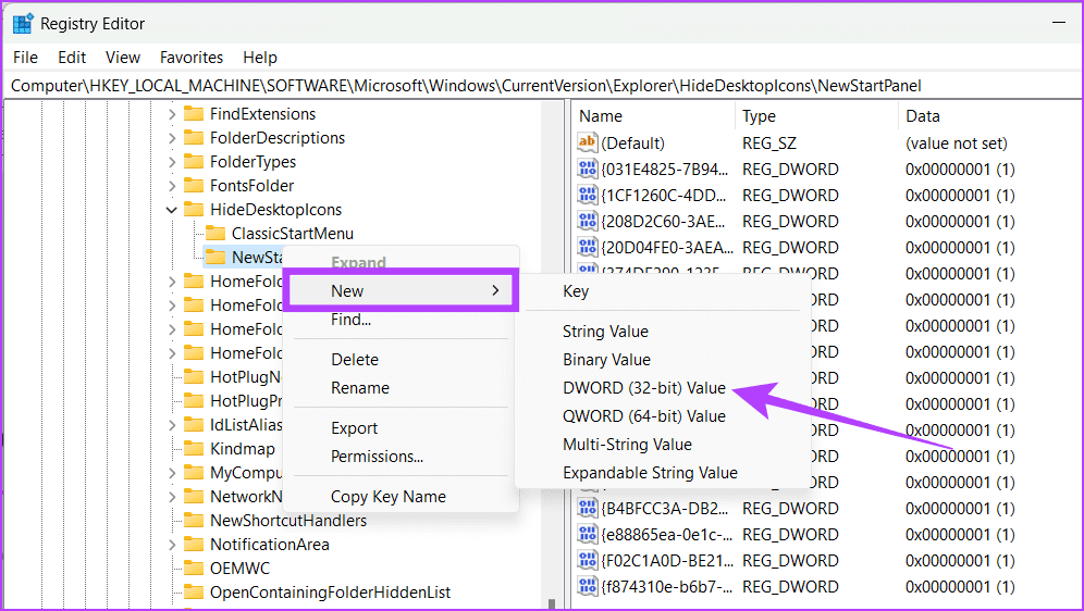 Right-click-on-NewStartPanel-select-New-and-choose-DWORD-32-bit-Value كيفية إخفاء أو حذف أيقونة سلة المحذوفات في Windows 11