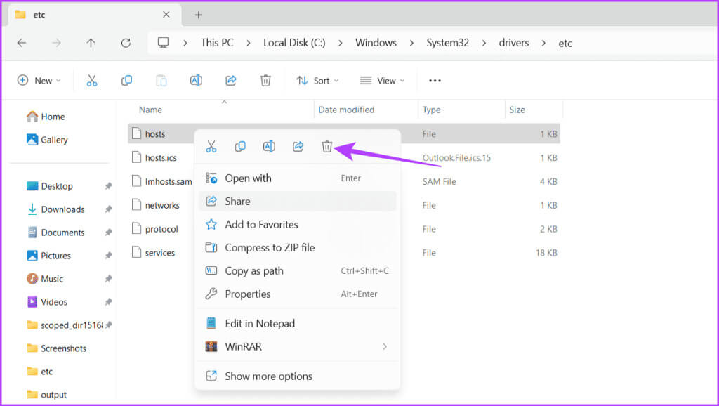 Right-click-on-the-hosts-file-and-select-Delete-1024x578-1 8 طرق لإصلاح عدم عمل ملف المضيفين على Windows