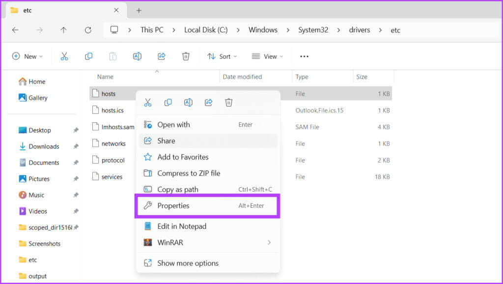 Right-click-on-the-hosts-file-and-select-Properties-1024x578-1 8 طرق لإصلاح عدم عمل ملف المضيفين على Windows